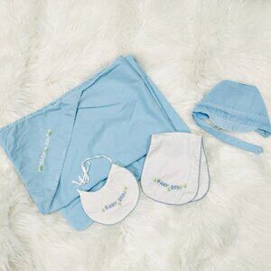 VTG Toddle Tyke Blue Baby Boy Layette Set Swaddle Blanket Bib Burp Cloth Bonnet
